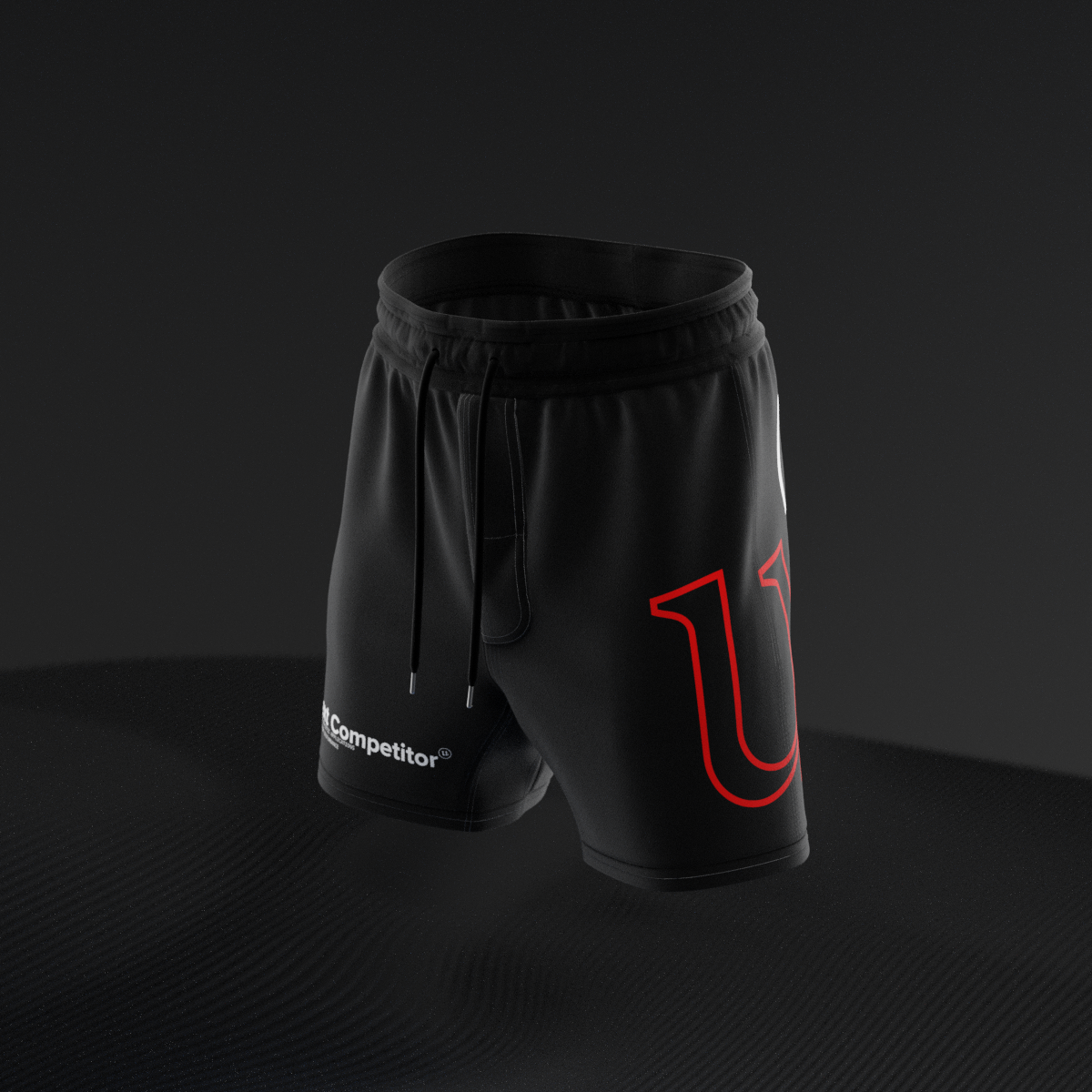 Black Ranked Combat Shorts, oversized red belt-bar U on the leg, three-quarter view