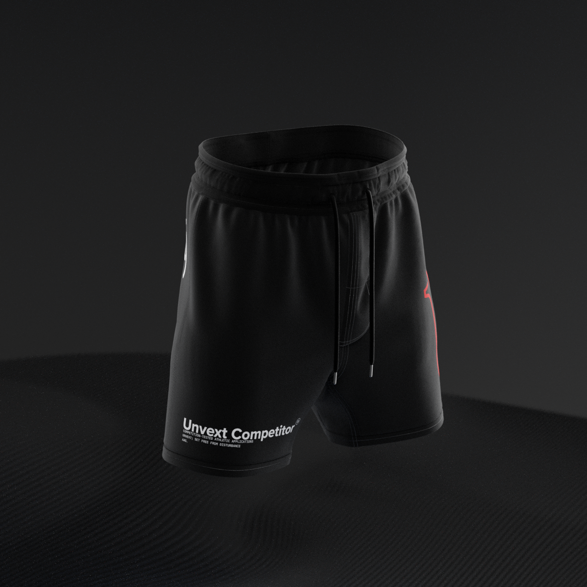 Black Ranked Combat Shorts, front view with Unvext Competitor hem wordmark and drawcord waist