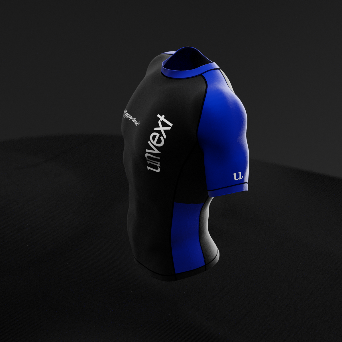Blue Ranked Rashguard, black body with blue belt sleeve and rib panels, front three-quarter view