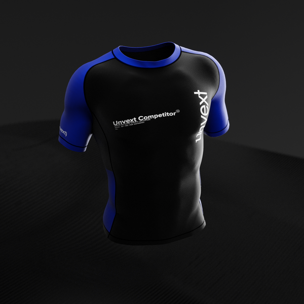 Blue Ranked Rashguard, side profile showing flatlock seams and sleeve mark