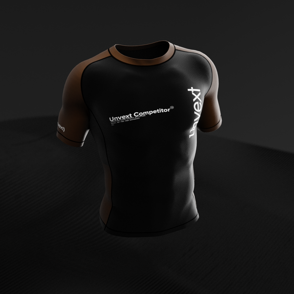 Brown Ranked Rashguard, side profile showing flatlock seams and sleeve mark