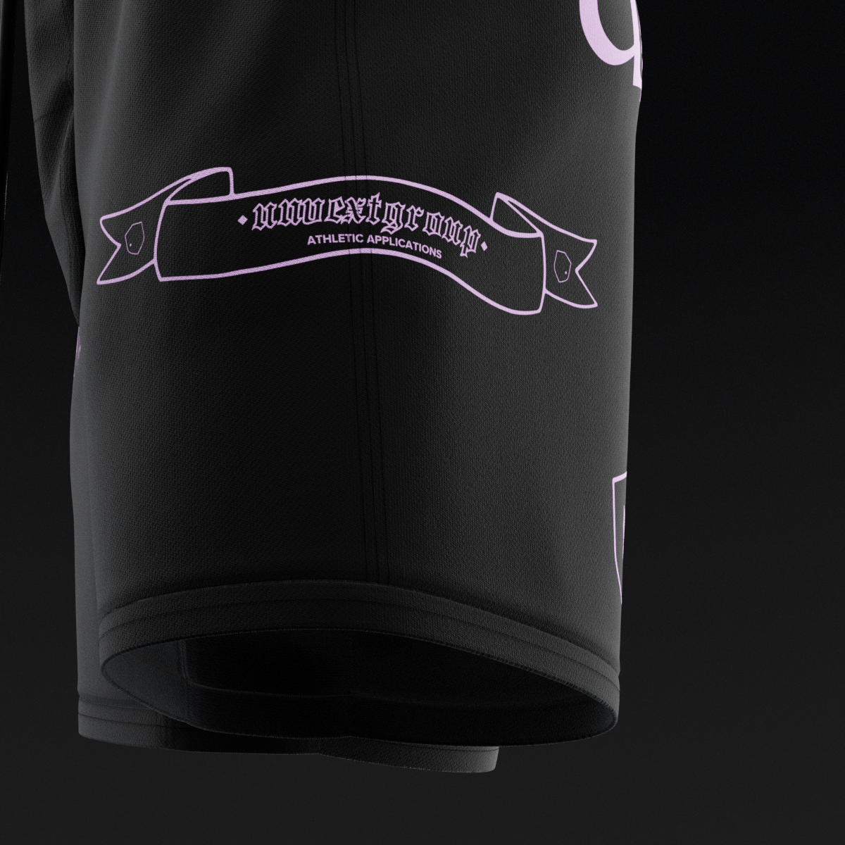 Contour Pink Combat Shorts, hem close-up of the unvext group Athletic Applications banner
